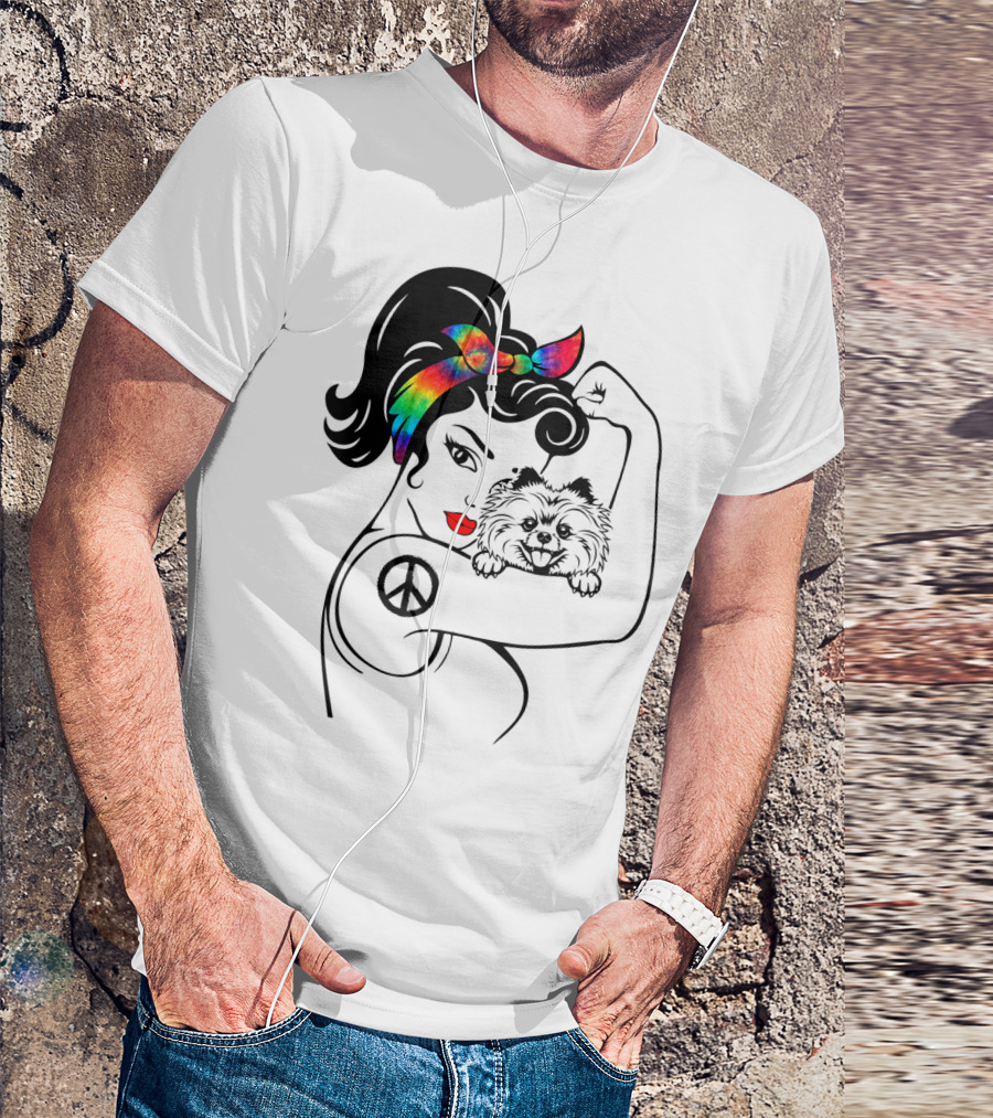 Cute Pomeranian Mom Peace Rainbow Bandana T-Shirt