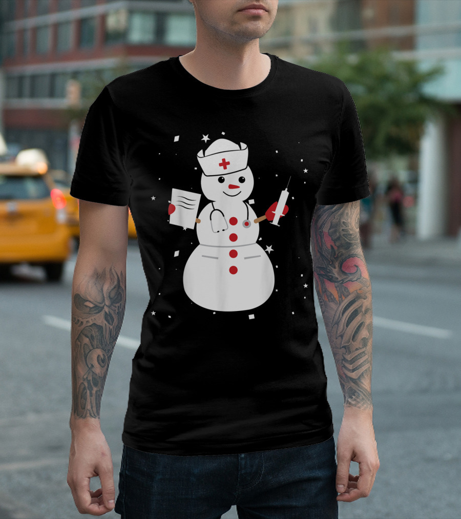 Nurse Snowman Holding Syringe and Clipboard for Cute Christmas Winter T-Shirt