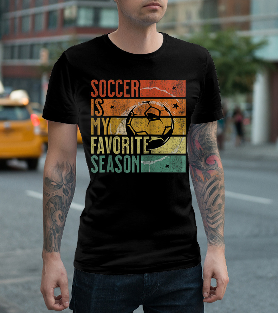 Soccer Is My Favorite Season Vintage Distressed Stripes Football Ball Retro T-Shirt