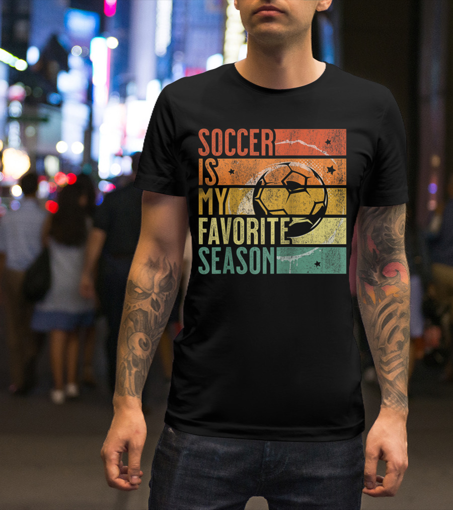 Soccer Is My Favorite Season Vintage Distressed Stripes Football Ball Retro T-Shirt