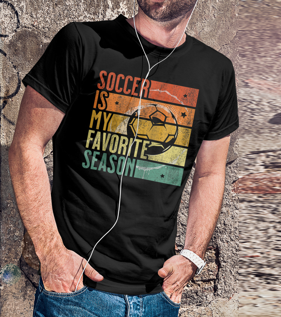 Soccer Is My Favorite Season Vintage Distressed Stripes Football Ball Retro T-Shirt