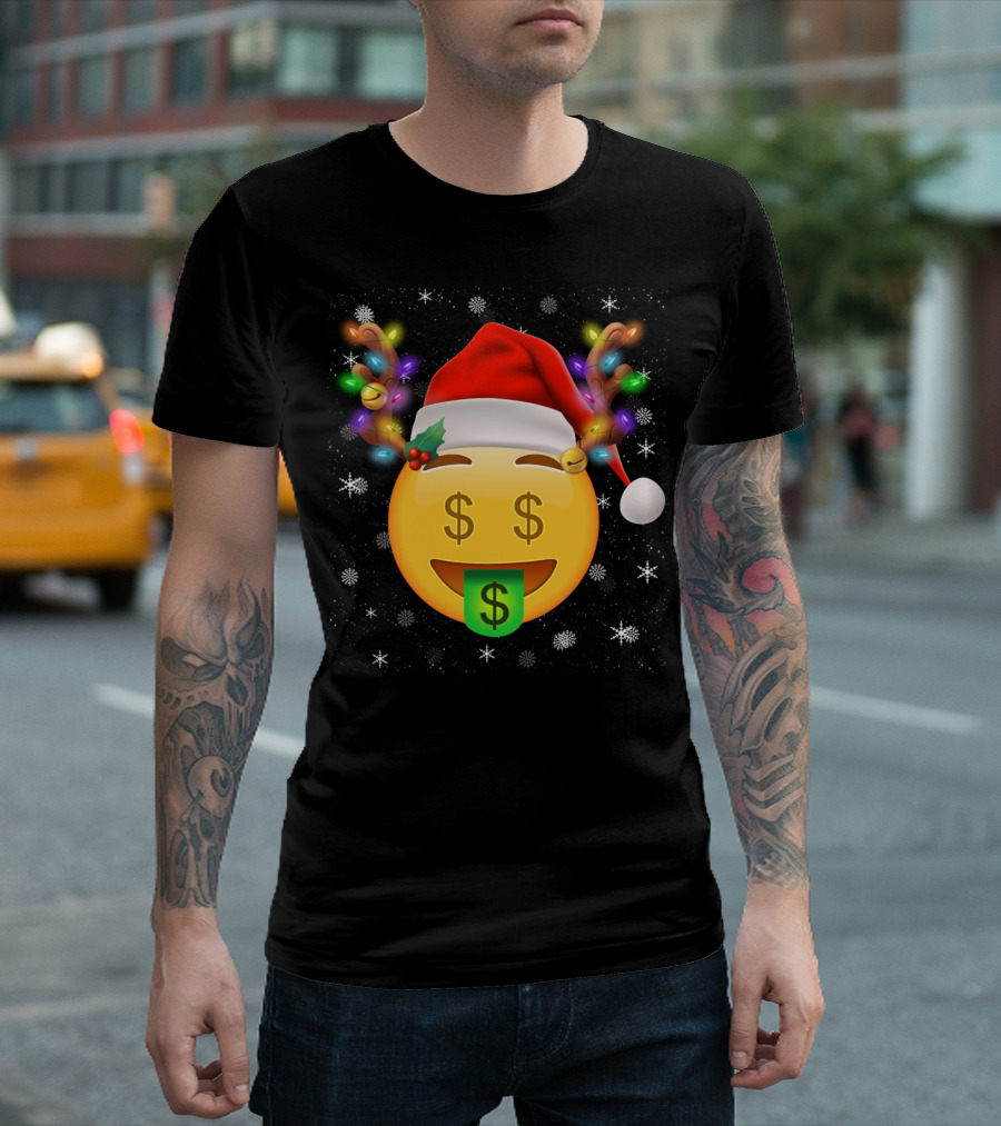 Santa Hat Reindeer Antlers Emoji Money Face T-Shirt