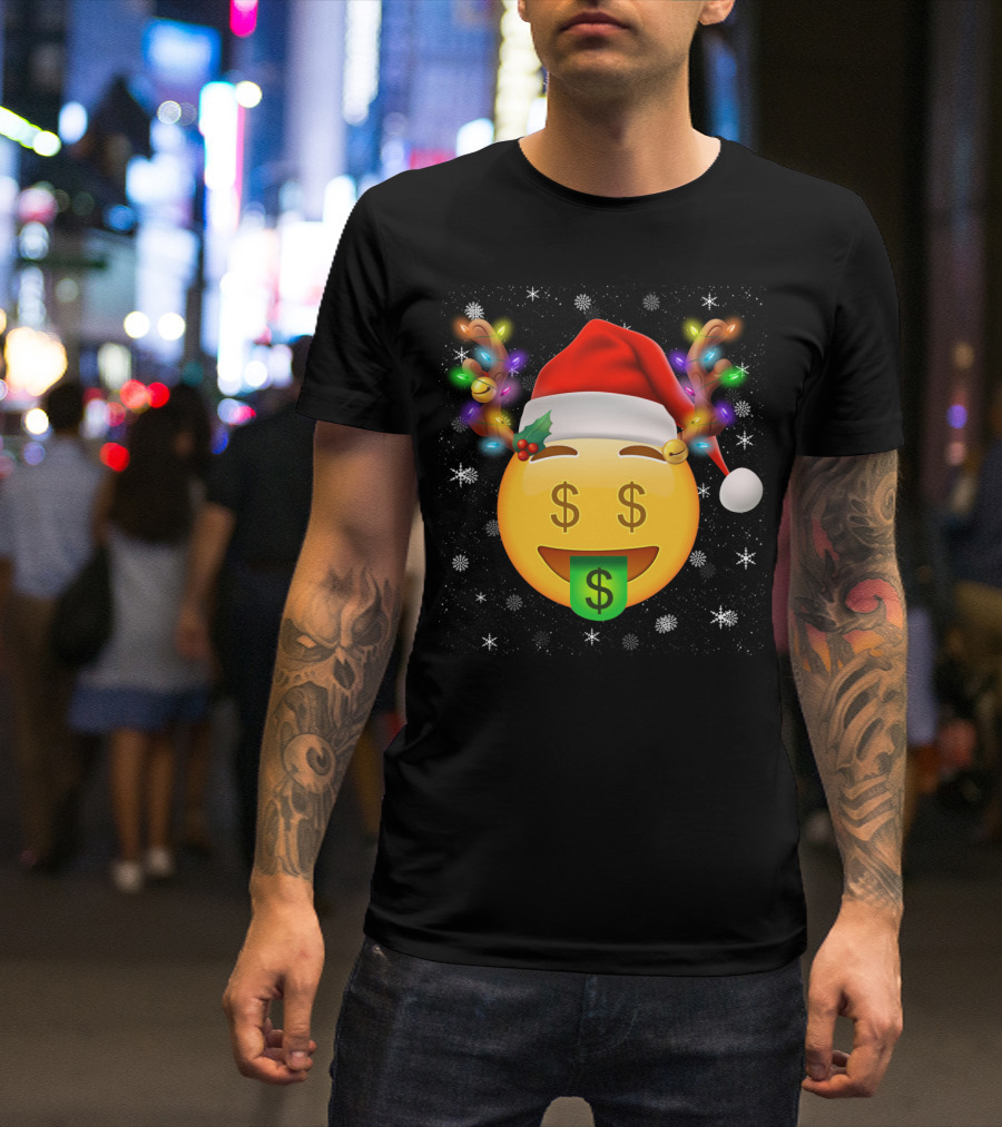 Santa Hat Reindeer Antlers Emoji Money Face T-Shirt
