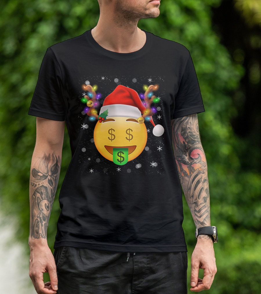 Santa Hat Reindeer Antlers Emoji Money Face T-Shirt