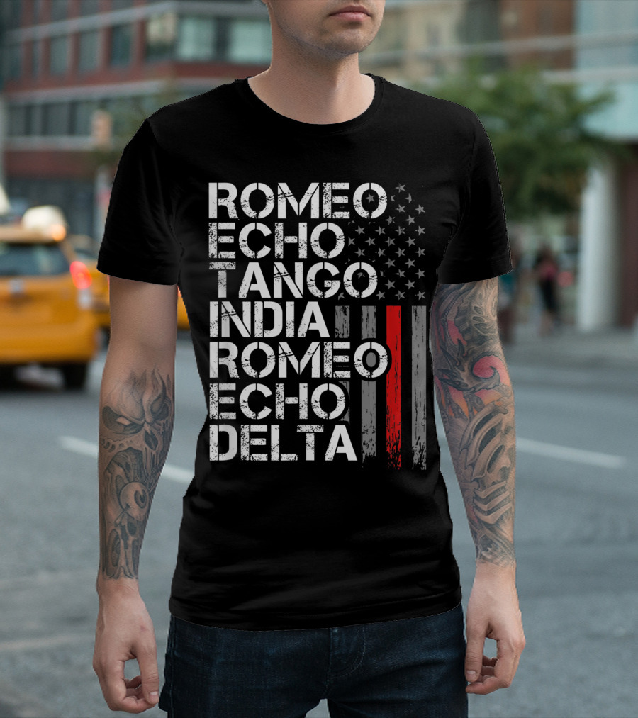 Romeo Echo Tango India Romeo Echo Delta Thin Red Line Retired Firefighter American Flag T-Shirt