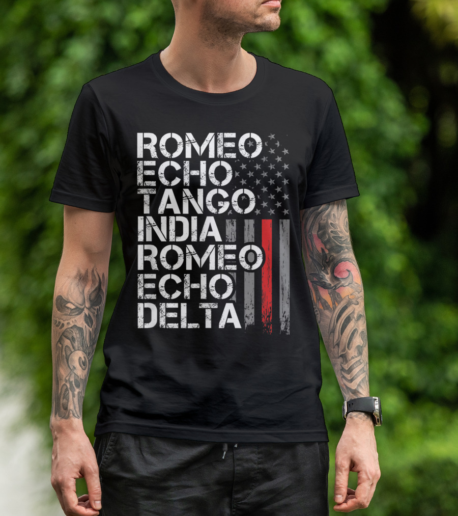 Romeo Echo Tango India Romeo Echo Delta Thin Red Line Retired Firefighter American Flag T-Shirt