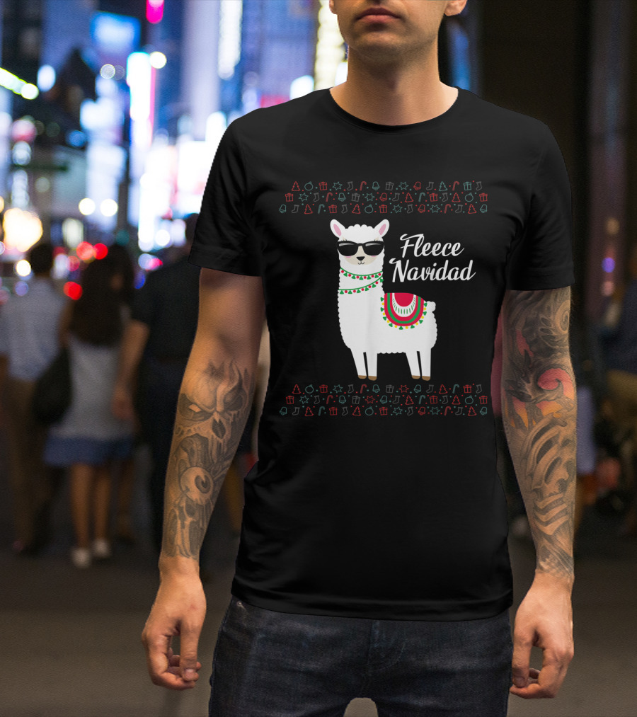 Fleece Navidad Feliz Navidad Llama Sunglasses Holiday Icons T-Shirt