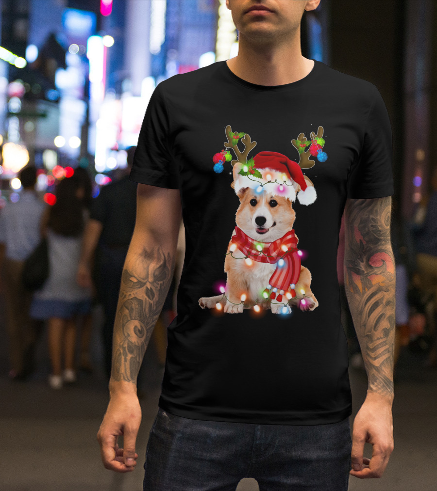 Corgi Christmas Reindeer Antlers Festive Lights And Santa Hat T-Shirt