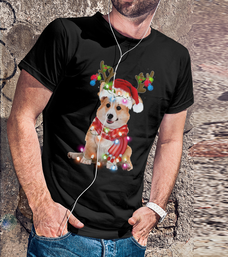 Corgi Christmas Reindeer Antlers Festive Lights And Santa Hat T-Shirt