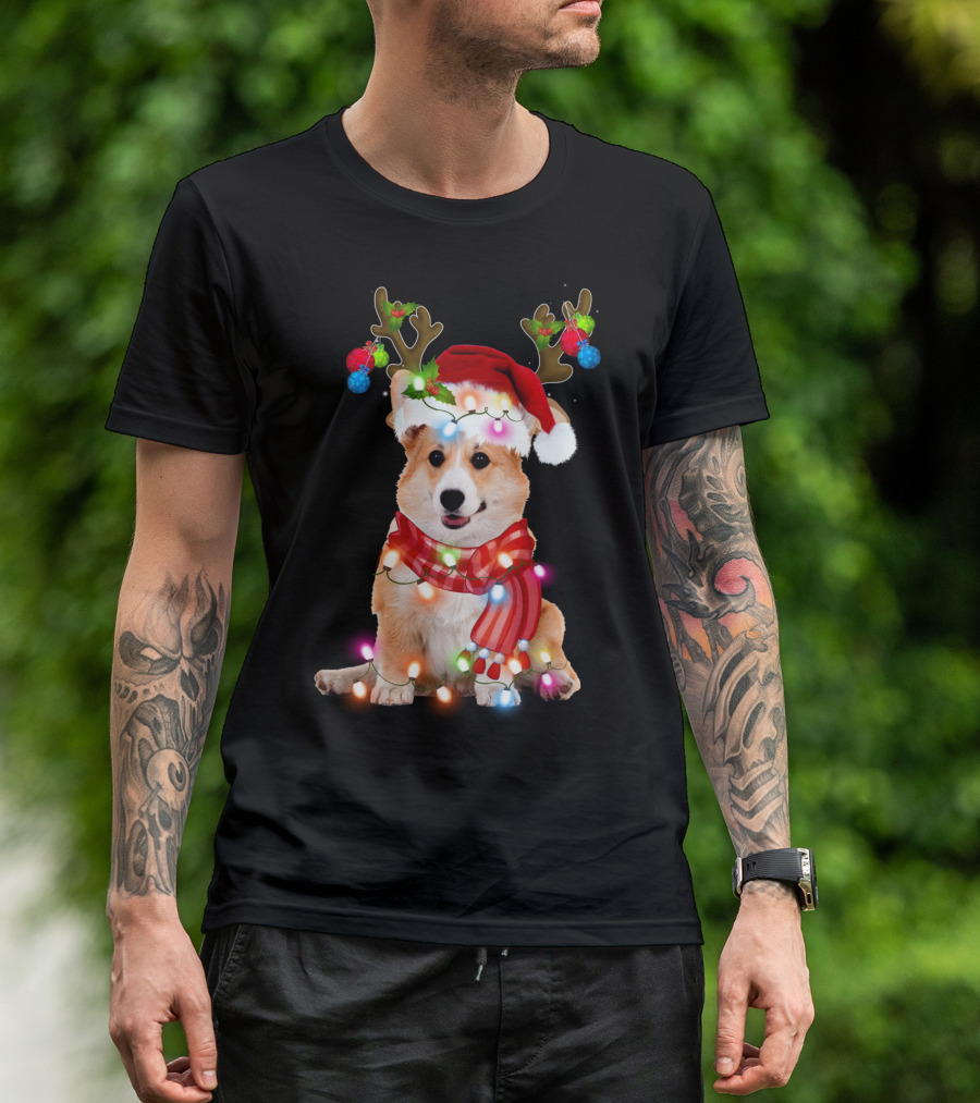 Corgi Christmas Reindeer Antlers Festive Lights And Santa Hat T-Shirt