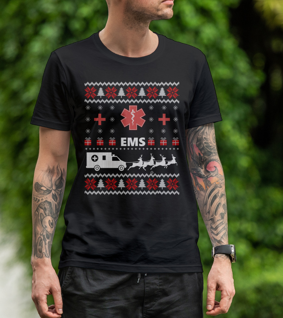 Funny EMS Christmas Ambulance Reindeer Ugly T-Shirt