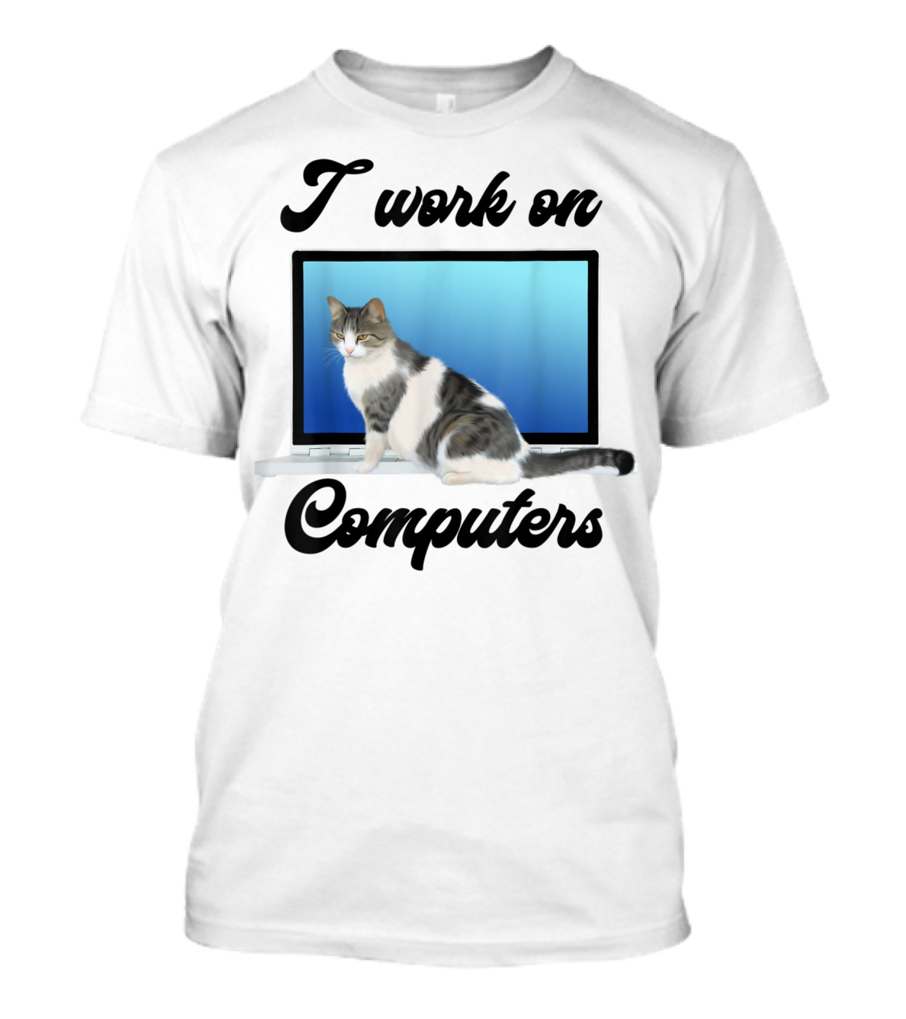 I Work On Computers Funny Grey White Cats Kitty T-Shirt