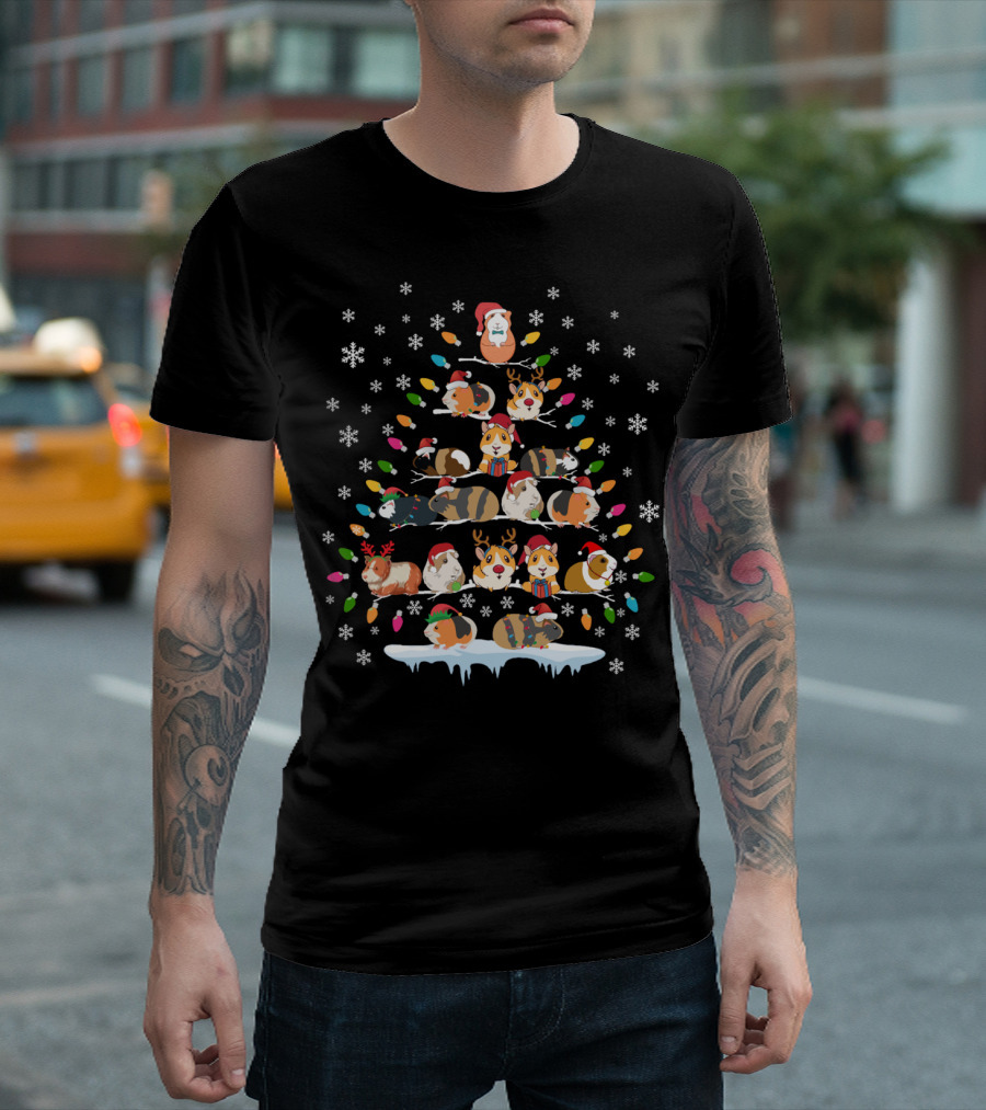 Funny Guinea Pig Christmas Tree Ornament with Santa and Reindeer Decor Elements T-Shirt