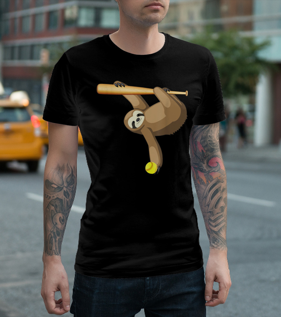 Funny Lazy Sloth Playing Baseball Softball with Bat and Ball T-Shirt