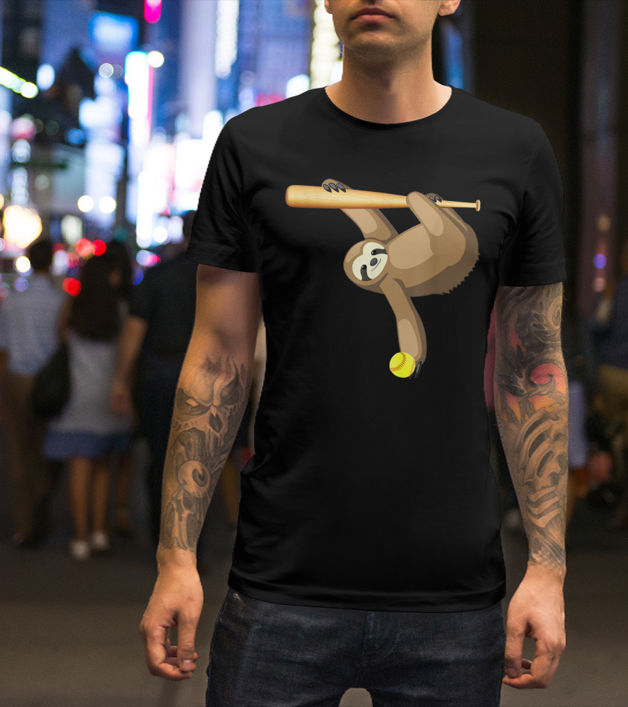 Funny Lazy Sloth Playing Baseball Softball With Bat And Ball T-Shirt