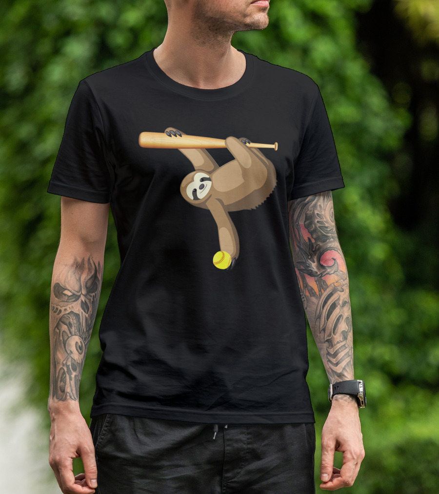 Funny Lazy Sloth Playing Baseball Softball With Bat And Ball T-Shirt