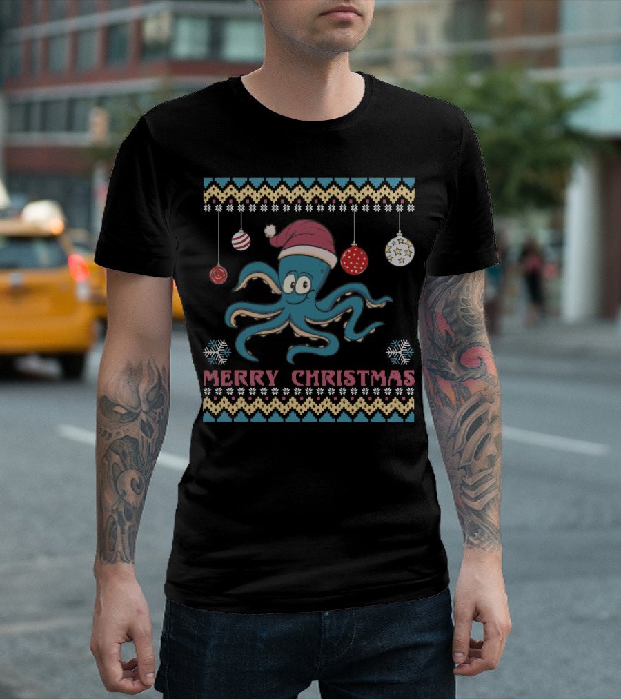 Merry Christmas Funny Octopus Santa Hat Ugly T-Shirt