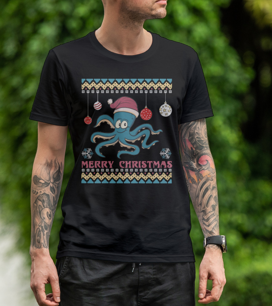 Merry Christmas Funny Octopus Santa Hat Ugly T-Shirt