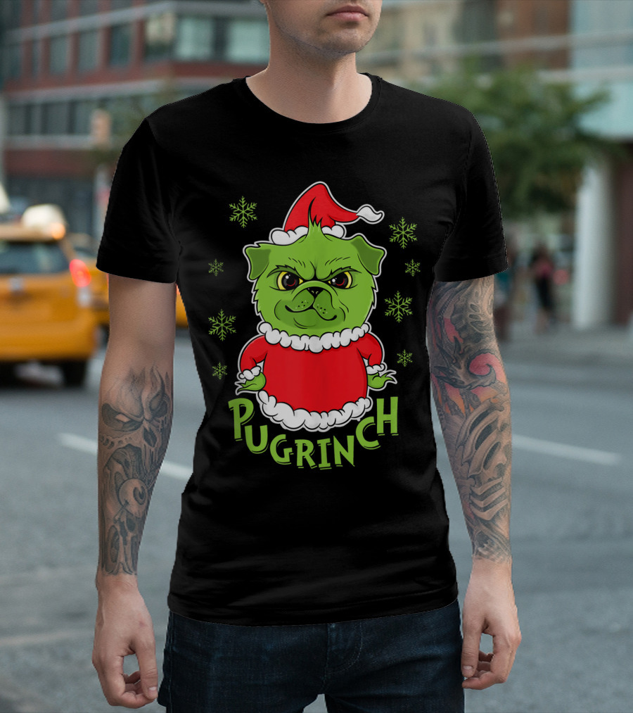 Pugrinch Funny Pug Dog in Christmas Santa Hat with Snowflakes T-Shirt