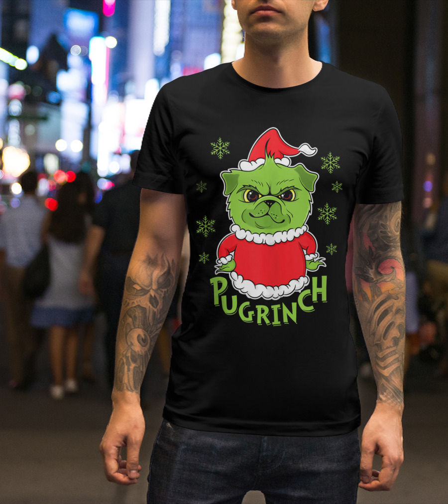 Pugrinch Funny Pug Dog In Christmas Santa Hat With Snowflakes T-Shirt