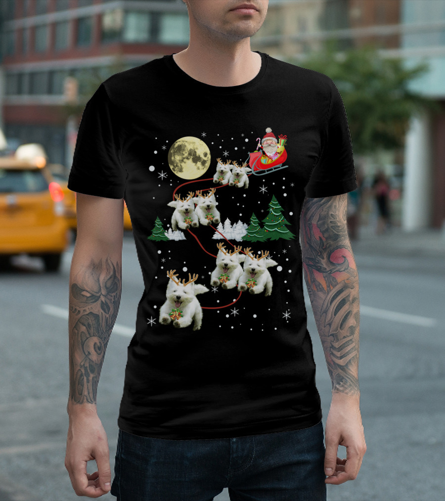 Santa's Sleigh Pulled by Funny Westie Puppies Under Moonlit Christmas Sky T-Shirt