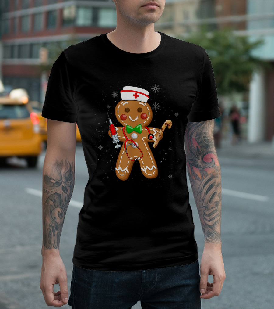 Gingerbread Nurse with Syringe and Stethoscope Christmas Holiday Fun T-Shirt