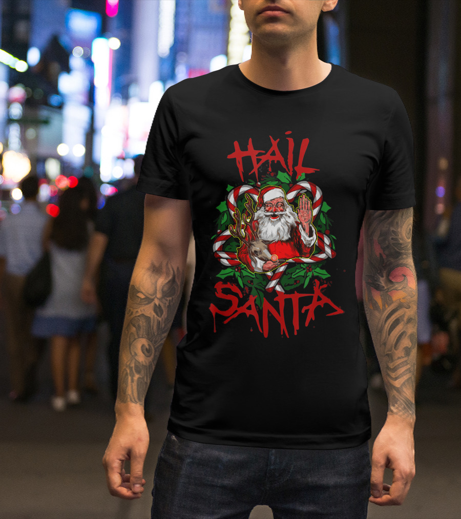 Hail Santa Funny Sleigher Christmas Rock Metal Santa With Reindeer And Candy Cane T-Shirt