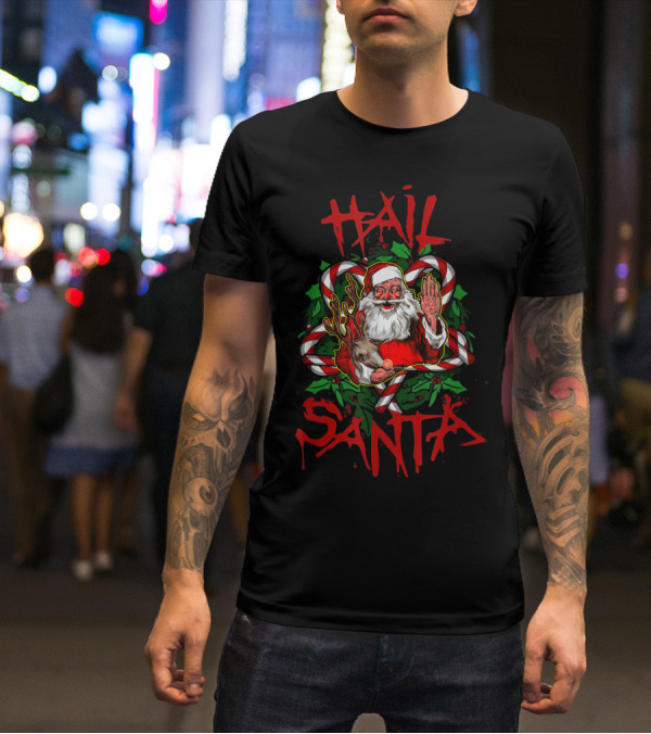 Hail Santa Funny Sleigher Christmas Rock Metal Santa With Reindeer And Candy Cane T-Shirt