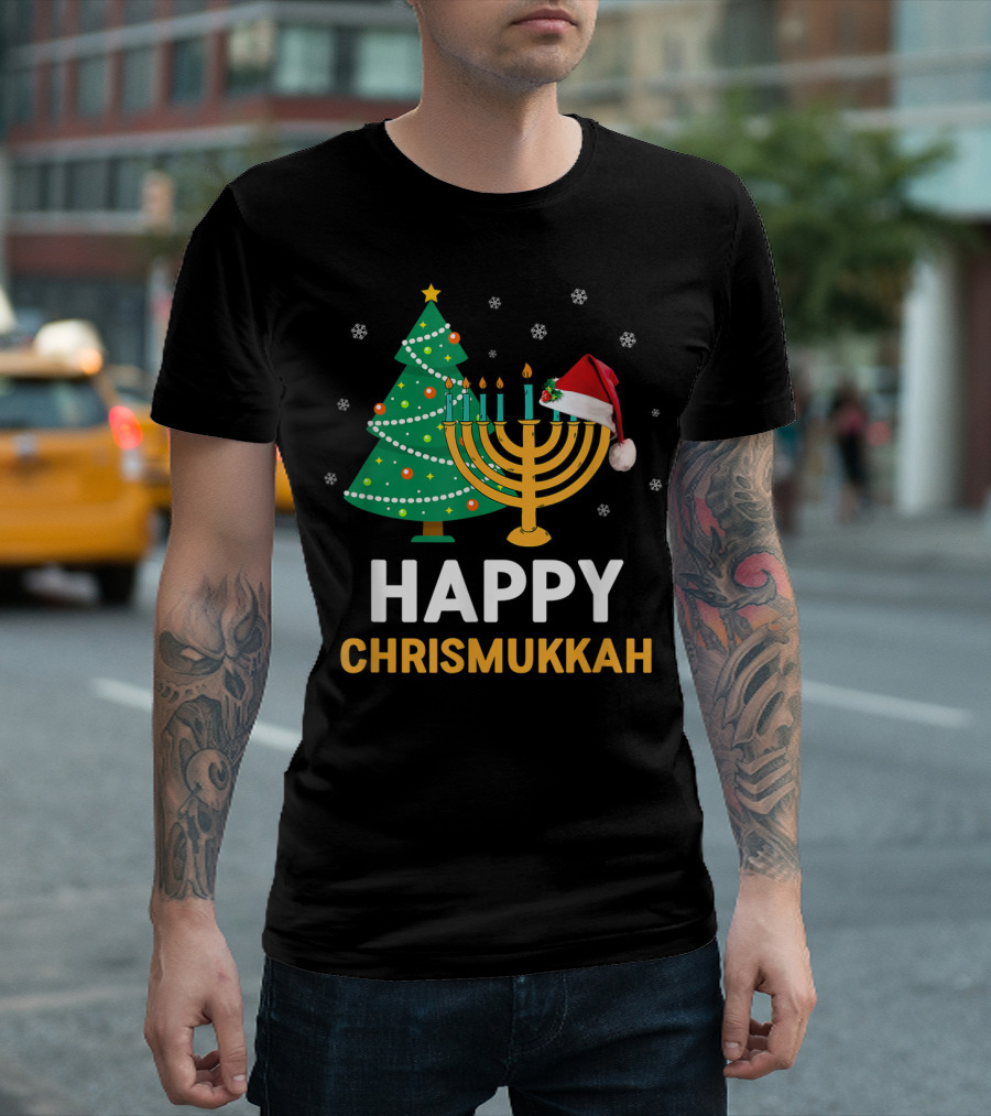 Happy Chrismukkah Funny Hanukkah Christmas Tree Menorah Santa Hat Snowflakes T-Shirt