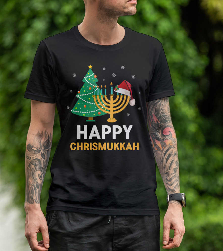 Happy Chrismukkah Funny Hanukkah Christmas Tree Menorah Santa Hat Snowflakes T-Shirt