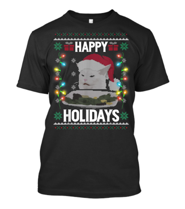 Happy Holidays Yelling Cat Meme Christmas Lights T-Shirt