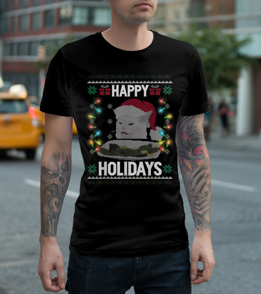 Happy Holidays Yelling Cat Meme Christmas Lights T-Shirt