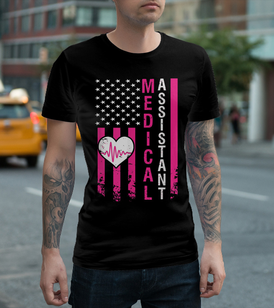 Medical Assistant Heartbeat American Flag T-Shirt