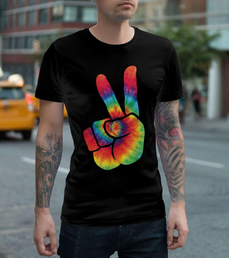 Hippie Tie Dye Peace Hand Colortone Rainbow T-Shirt