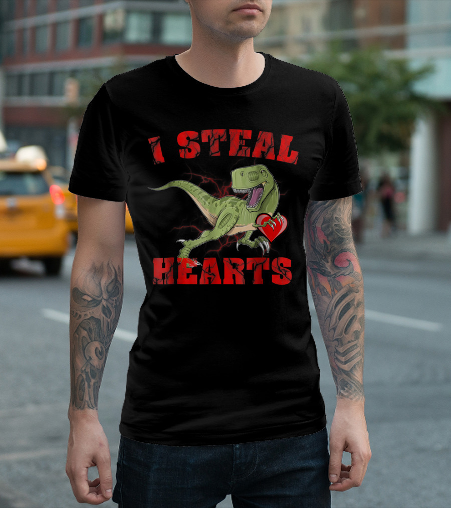 I Steal Hearts Valentine's Day Dinosaur Rex E2 Funny T-Rex Holding Heart T-Shirt