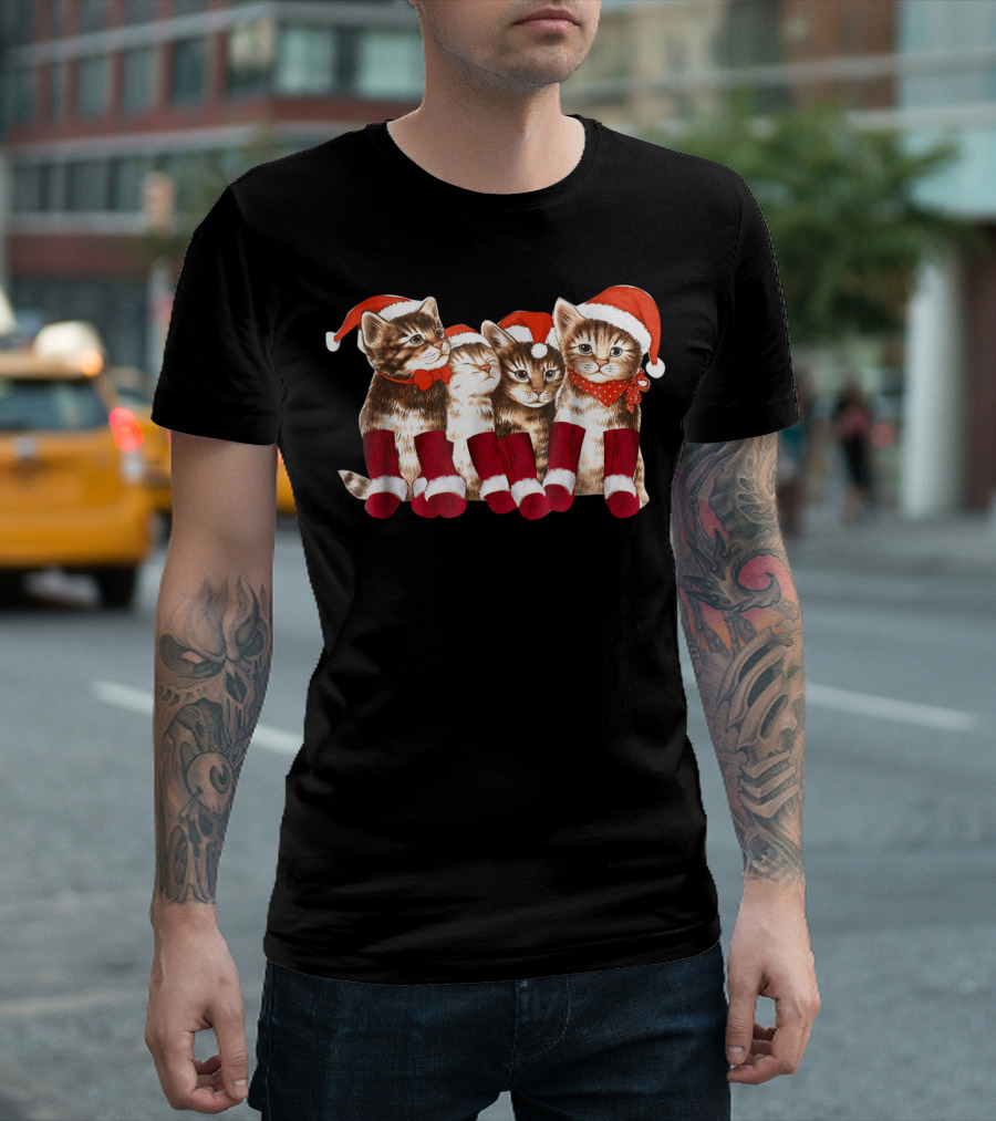 Kittens With Santa Hats Funny Christmas Cat Stockings T-Shirt