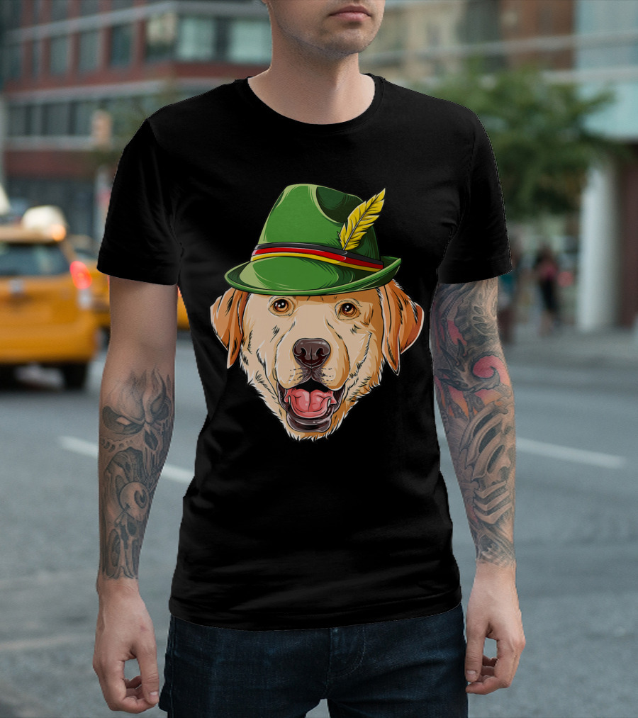 Labrador Oktoberfest Dog in Green German Hat with Feather T-Shirt