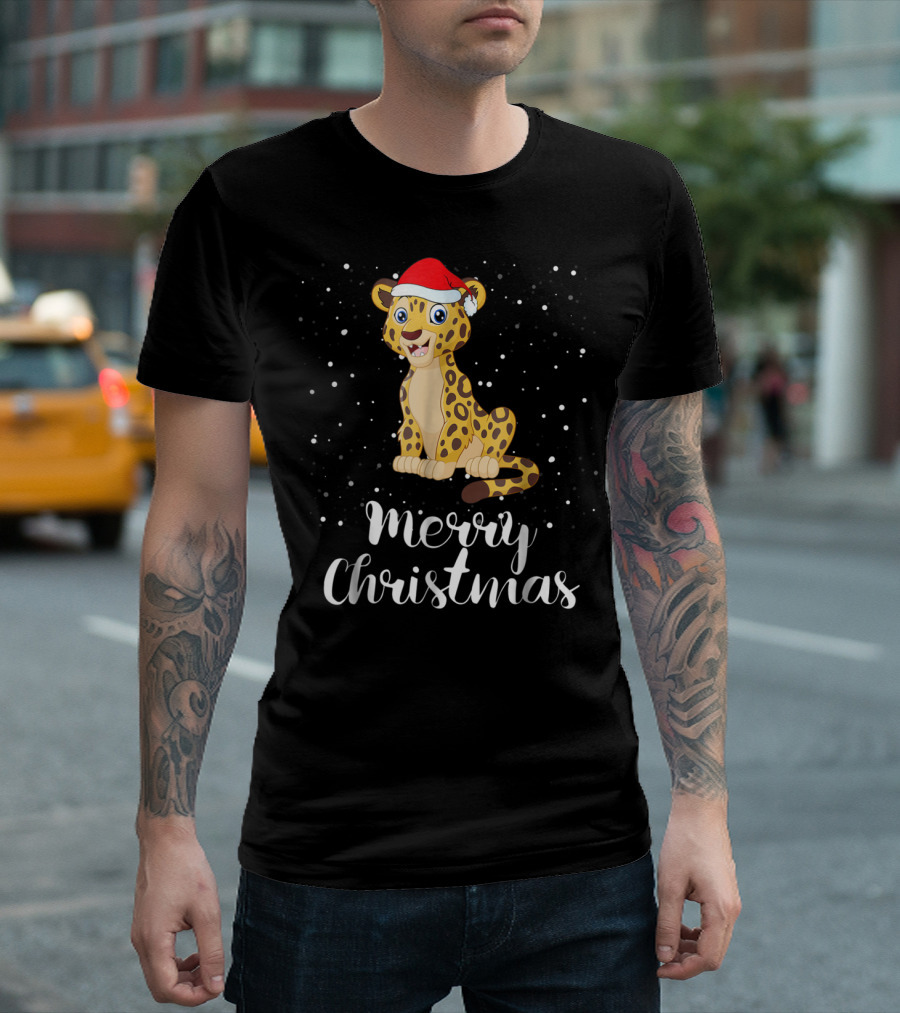 Merry Christmas Leopard Santa Hat Matching Family Group T-Shirt