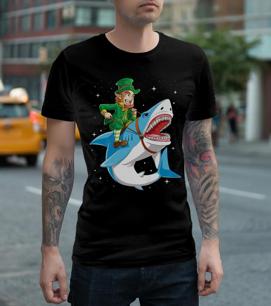 Leprechaun Riding Shark Happy St Patricks Day Fun Boys Adventure T-Shirt