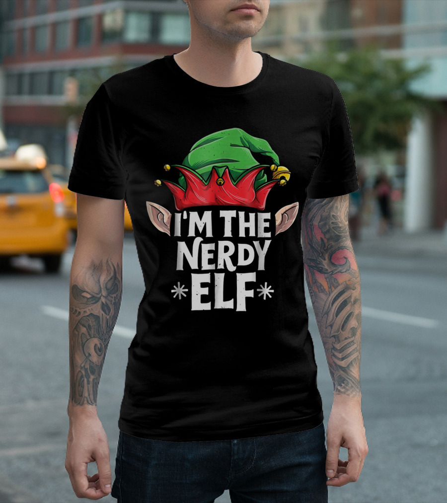 I'm The Nerdy Elf Green and Red Hat with Ears T-Shirt