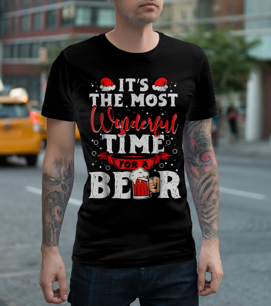 It's The Most Wonderful Time For A Beer Santa Hat Bubbles Cheers T-Shirt