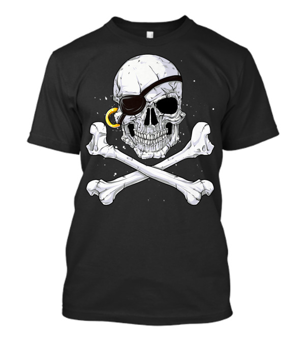 Jolly Roger Skull Crossbones Pirate Eye Patch Gold Earring T-Shirt