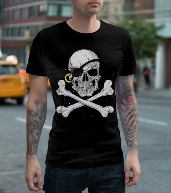 Jolly Roger Skull Crossbones Pirate Eye Patch Gold Earring T-Shirt