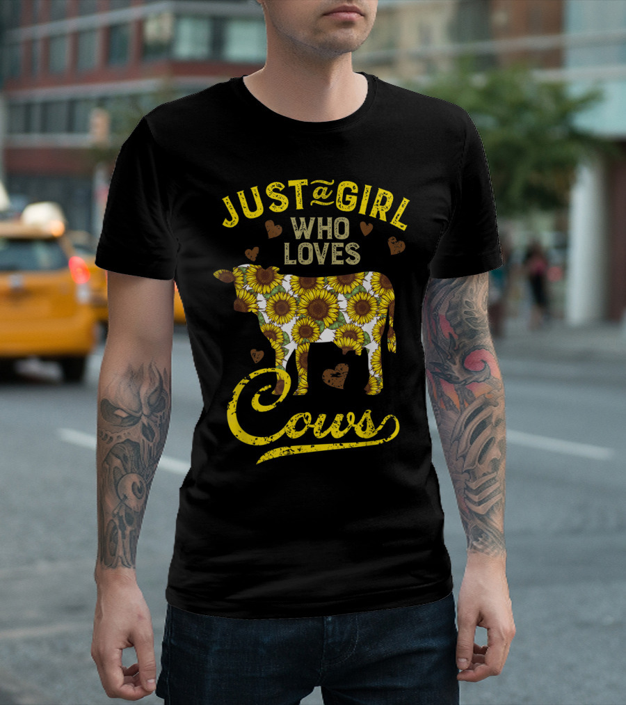 Just A Girl Who Loves Cows Sunflower Farm Sunflower Patterned Cow With Hearts T-Shirt