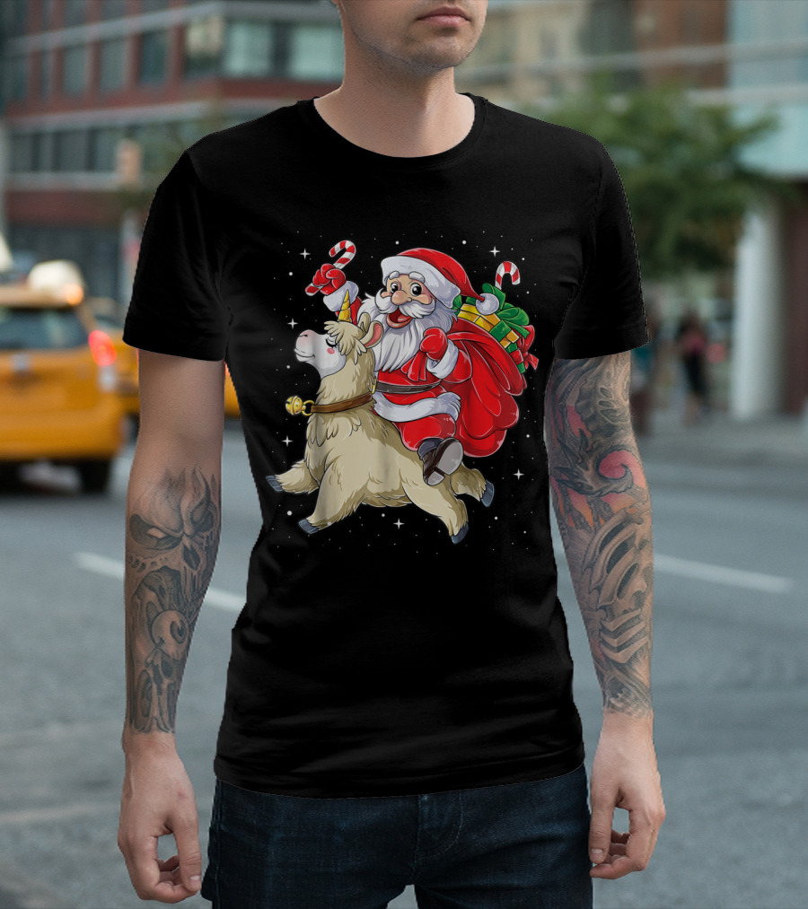 Santa Claus Riding Llamacorn Unicorn With Candy Canes And Gifts T-Shirt
