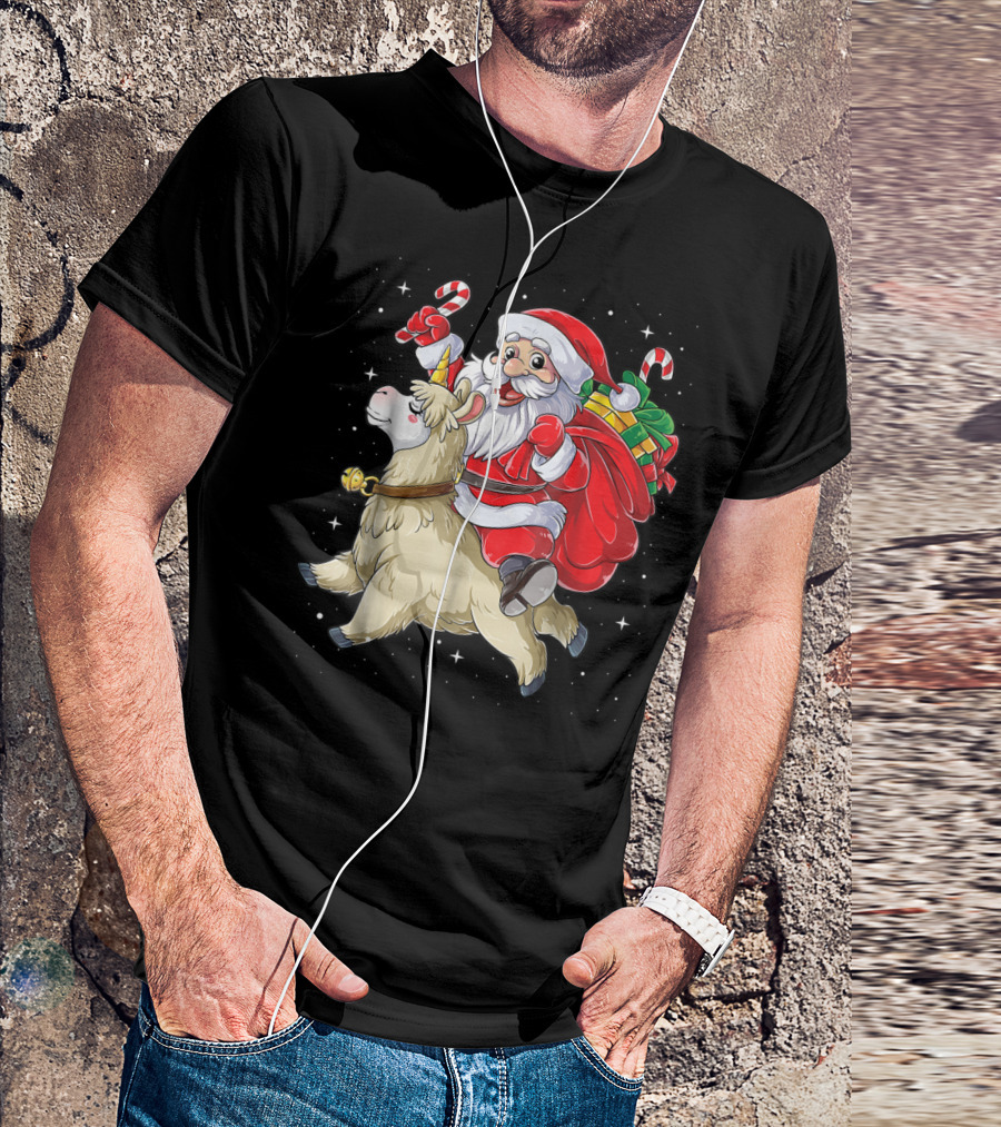 Santa Claus Riding Llamacorn Unicorn With Candy Canes And Gifts T-Shirt