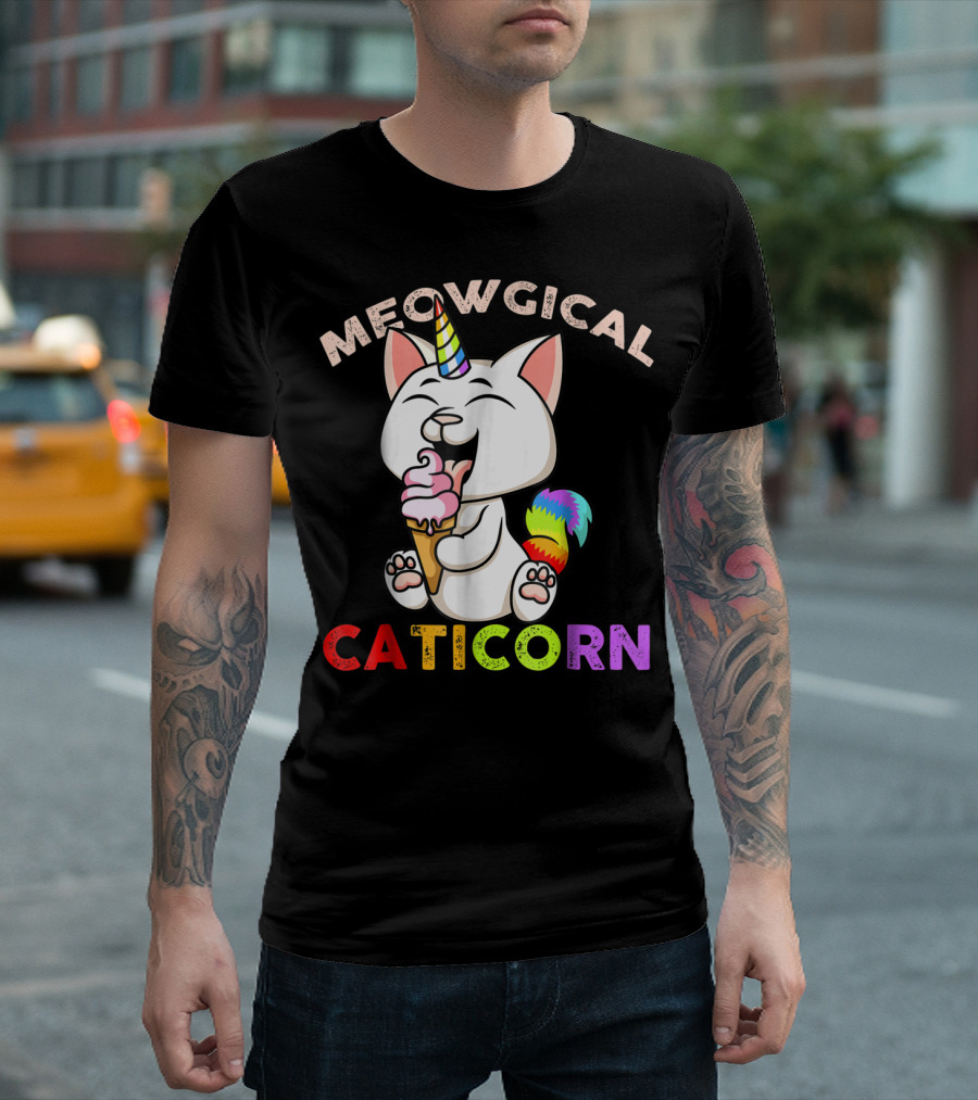 Meowgical Caticorn Rainbow Cat Unicorn Eating Ice Cream Cone T-Shirt