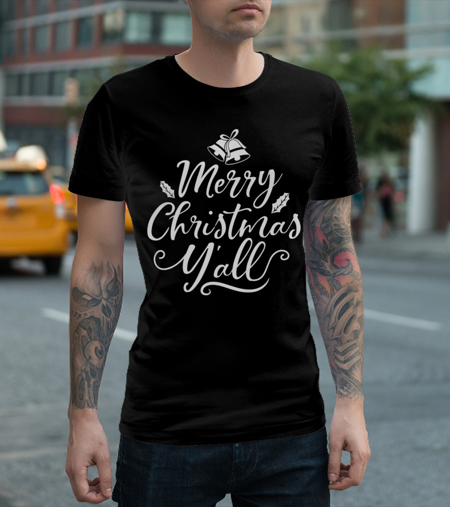 Merry Christmas Y'all Xmas Holiday Bells And Holly T-Shirt