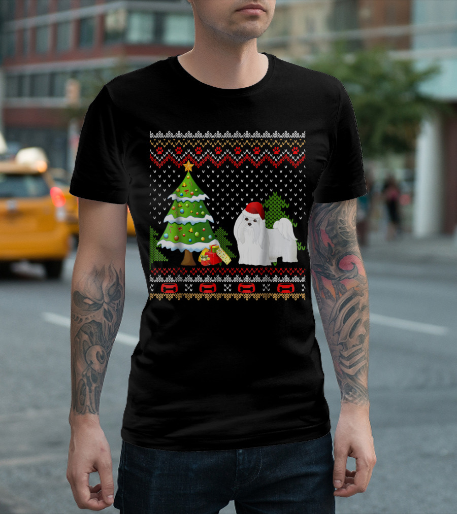 Maltese Santa Christmas UglyDog with Festive Tree and Gifts T-Shirt