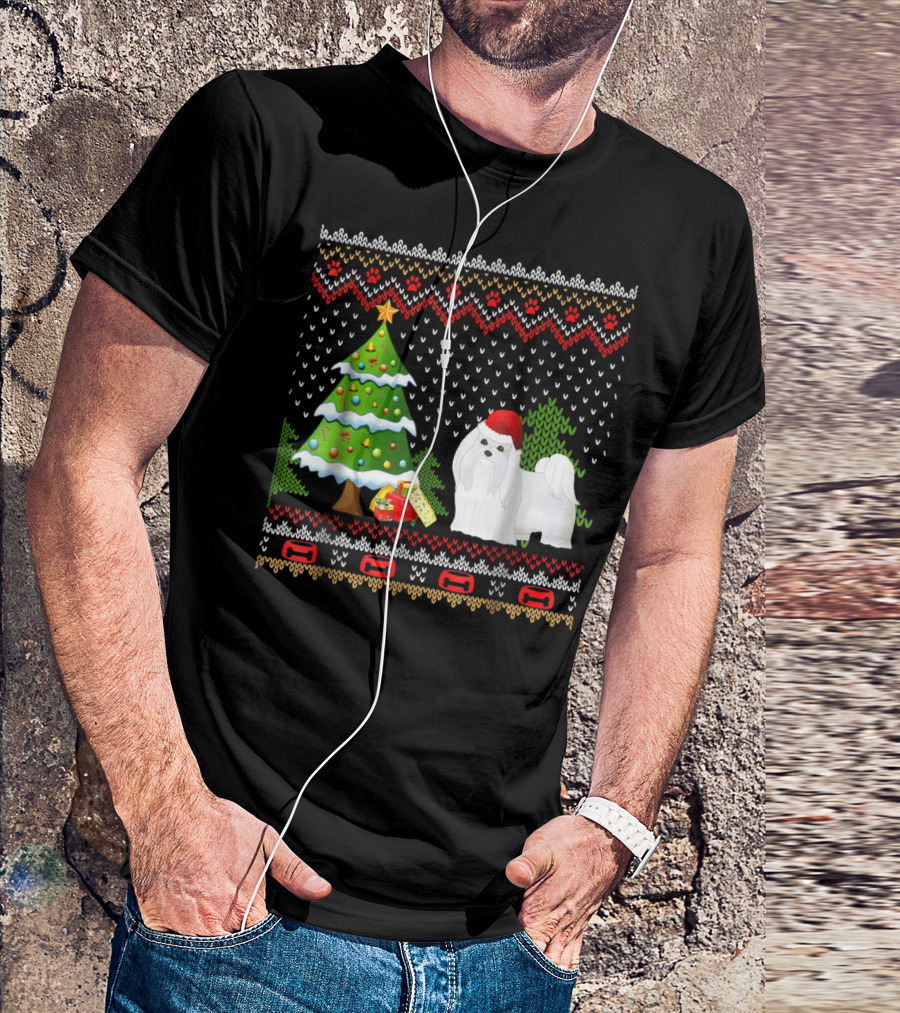 Maltese Santa Christmas UglyDog With Festive Tree And Gifts T-Shirt